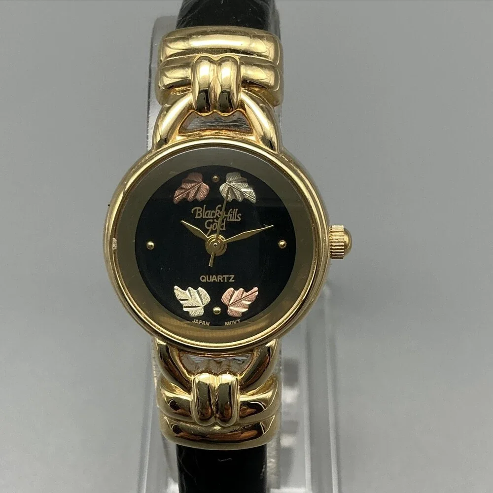 Vintage Black Hills Gold Womens Watch 23mm 12K Gold Leaves Cuff New Battery